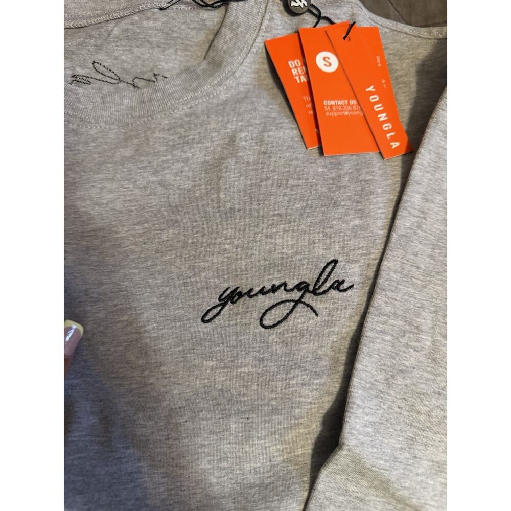 YoungLA Gray Long Sleeve Logo T-Shirt Men's S Crew Neck Solid Regular Fit - Picture 2 of 5